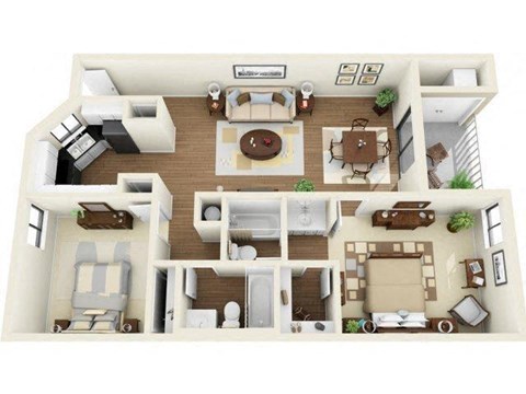 Floor plan for 2 beds, 2 baths, 1044 sqft